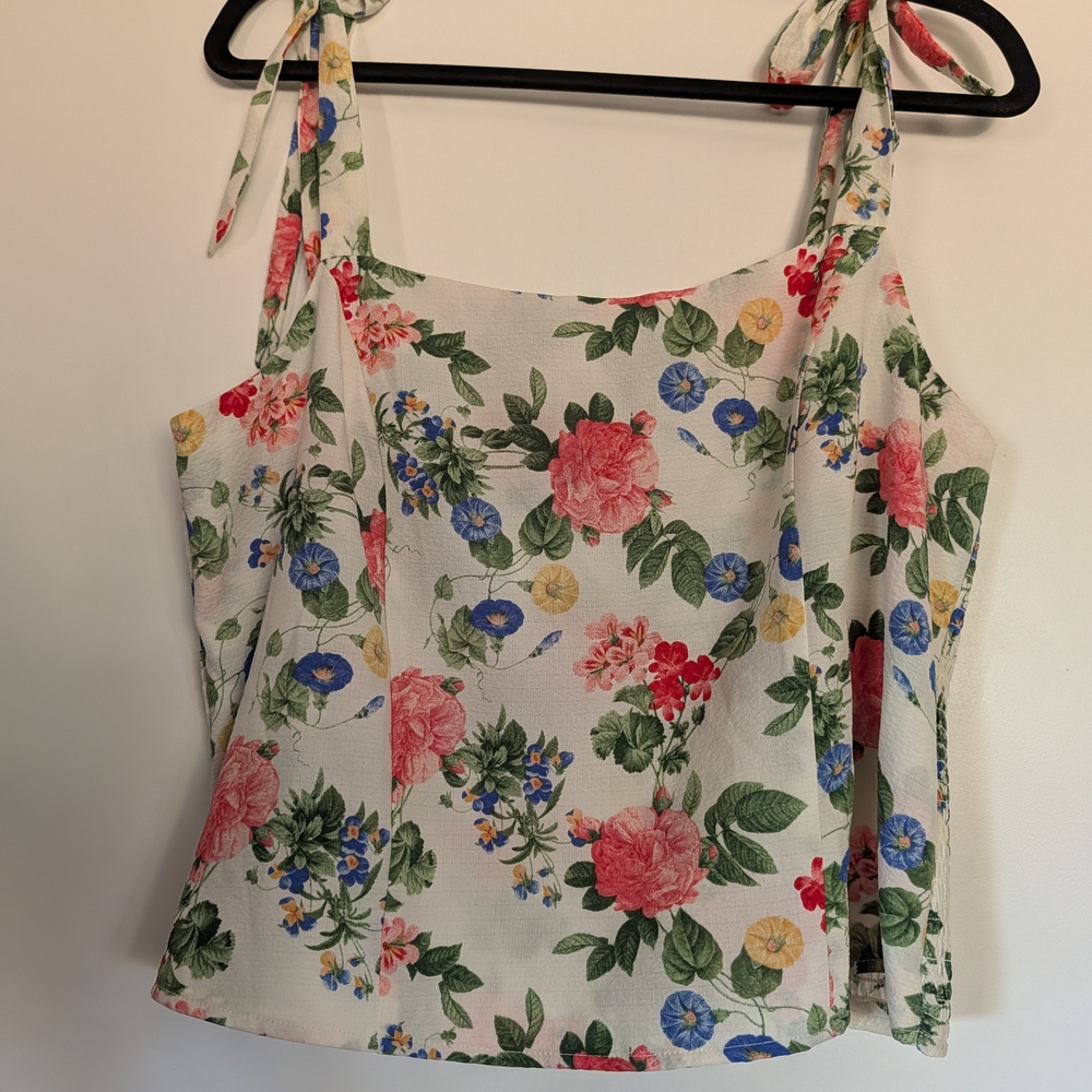 Old Navy White Floral Tie-Shoulder Cami with Pink, Blue & Yellow Blooms